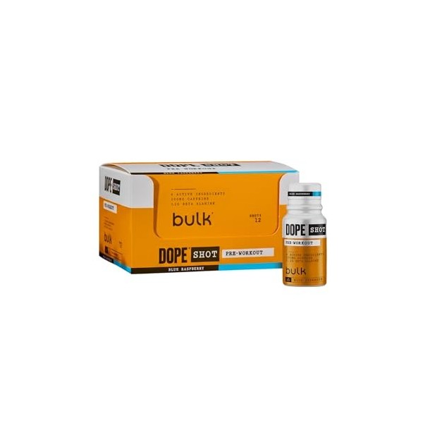 Bulk Dope Shots Boisson pré-entraînement | Framboise Bleue | Boîte de 12 shots de 60 ml | 200 mg de caféine et 3,2 g de bêta-