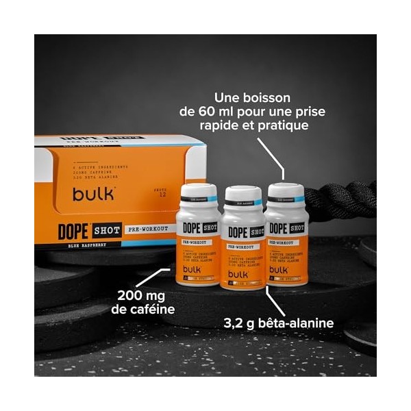 Bulk Dope Shots Boisson pré-entraînement | Framboise Bleue | Boîte de 12 shots de 60 ml | 200 mg de caféine et 3,2 g de bêta-