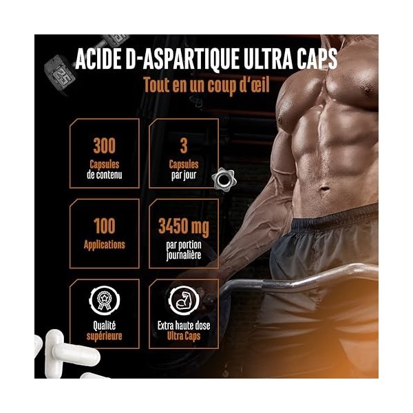 D-Acide aspartique DAA Ultra Caps - 300 gélules à 1150 mg hautement dosées par gélule - D-Aspartic Acid - Sans additifs indés