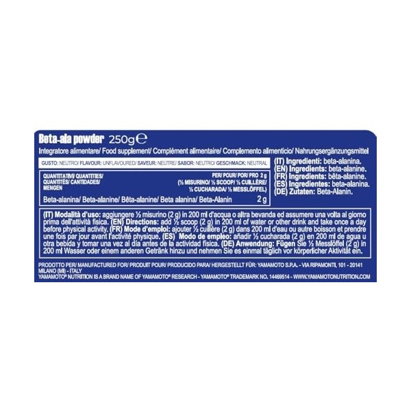 YAMAMOTO NUTRITION BetaALA POWDER 250 grammes, Bêta-Alanine, le Choix Idéal pour Retarder la Fatigue et Prolonger les Perform