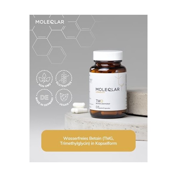 MoleQlar Bétaïne TMG 60 gélules – 500 mg triméthylglycine/capsule, haute pureté, végan, fabriqué en Europe
