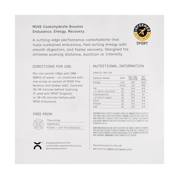 Move Pre-Workuout Poudre Carb Booster, 100 % dextrine cyclique hautement ramifiée, 12 sachets 12 x 30 g 