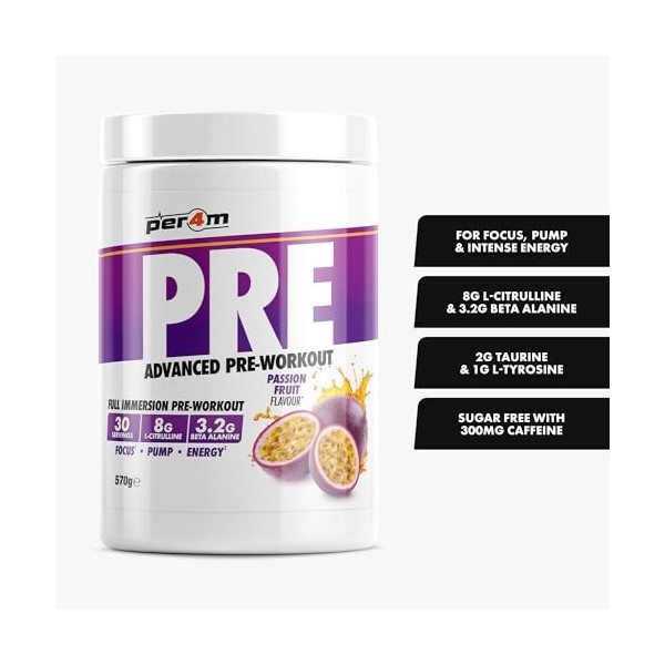 Per4m Pré-Entraînement Stimulant Fruit de la Passion 570g – Pré-workout stimulant goût fruit de la passion pour une énergie d
