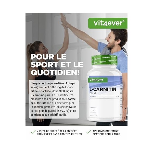 L-Carnitine - 240 Gélules - Hautement Dosé à 3000 mg par Portion journalière - Premium : 100% L-Carnitine Tartrate - Sans add