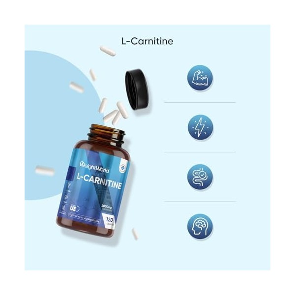 L Carnitine 2000mg, 120 Gélules Vegan Multi Usages, Acide Aminé Gelules Carnitine sans Stéarate de Magnésium et sans Excipien