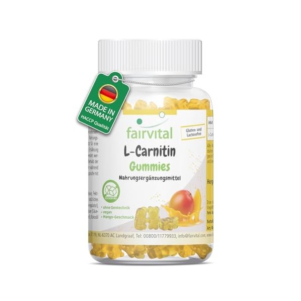 Fairvital | Gommes L-carnitine - 60 pièces - 1000mg par jour - Saveur mangue - Hautement dosées - 100% végétaliennes + sans s...