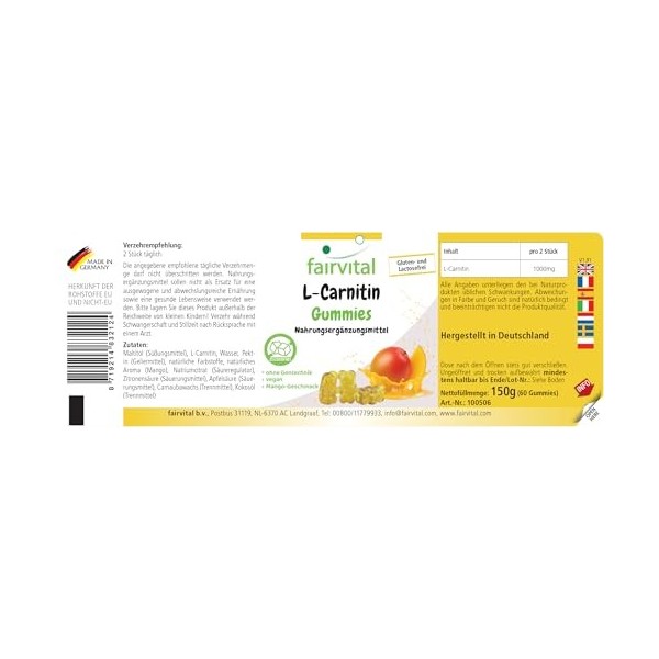 Fairvital | Gommes L-carnitine - 60 pièces - 1000mg par jour - Saveur mangue - Hautement dosées - 100% végétaliennes + sans s...