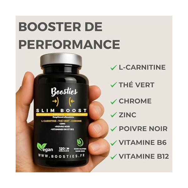 Boosties Slim Boost Minceur – L-Carnitine, Thé Vert, Chrome, Zinc, Vitamines B6 & B12 – Vegan – Support Glycémie, Énergie, Mé