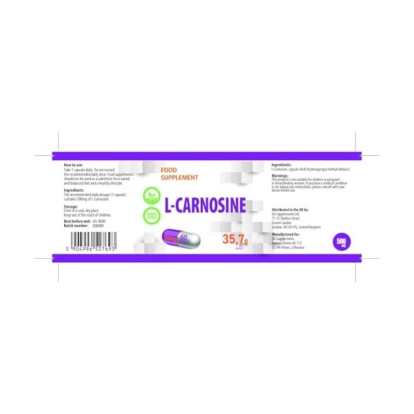 L-Carnosine 500mg 60 Gélules Vegan Testé en Laboratoire Complément Alimentaire