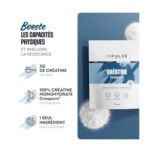 Impulse Nutrition - Créatine Monohydrate Creapure® 3 g Ultra Pure - Force, Endurance & Récupération - Complément Alimentaire 
