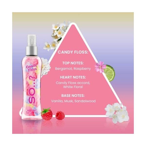 Body Mist by So…? Candy Floss, Vanilla, Sweet Pea Brume Corporelle Parfumée Pour Femme 100ml Lot de 3 