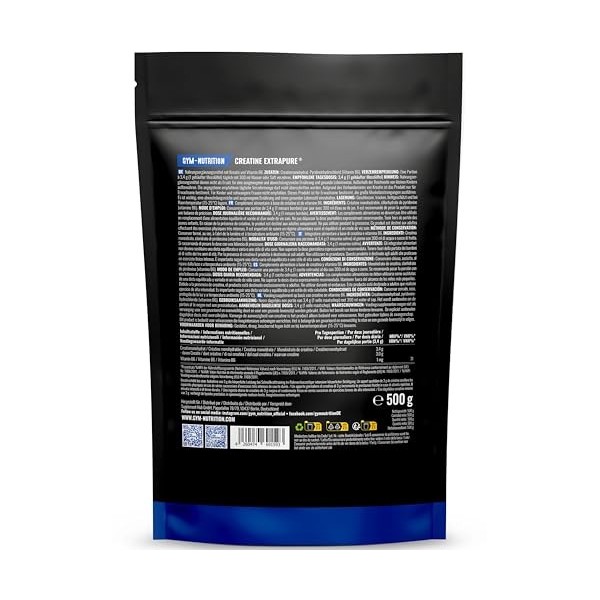 Créatine Monohydrate Extrapure avec Vitamine B6-500g 147 Portions - Poudre Pure Sans Additifs - Produit en Allemagne - Creati...