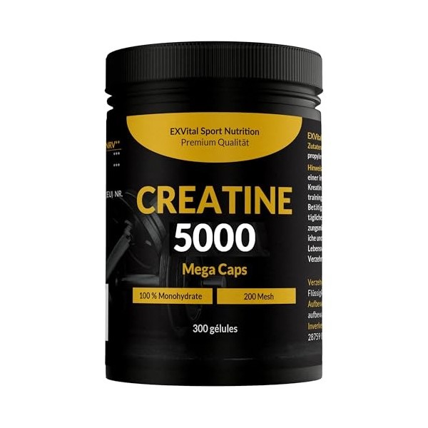 Créatine 5000 Mega Caps, 5000 mg de créatine monohydrate par dose journalière, 300 capsules véganes, 100% pure, Facteur Mesh 