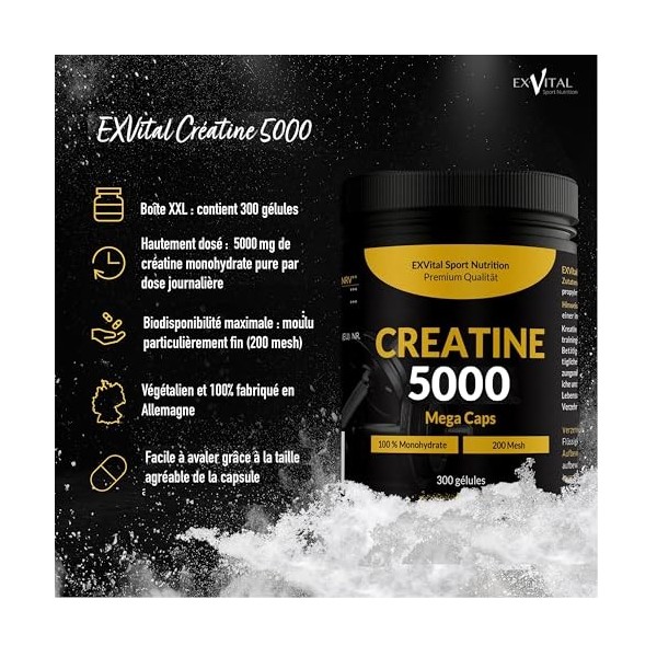 Créatine 5000 Mega Caps, 5000 mg de créatine monohydrate par dose journalière, 300 capsules véganes, 100% pure, Facteur Mesh 