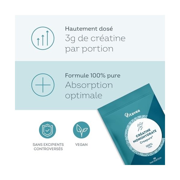 Créatine Monohydrate Creapure® 3000mg - Poudre 100% Pure, Goût Neutre, Vegan - Force Musculaire, Performances, Musculation - 