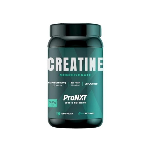 Créatine Monohydrate 200 Mesh Micronisée – Créatine Pure 1000 g ProNXT | Haute Solubilité | 293 Doses | Avec Dosette | Complé