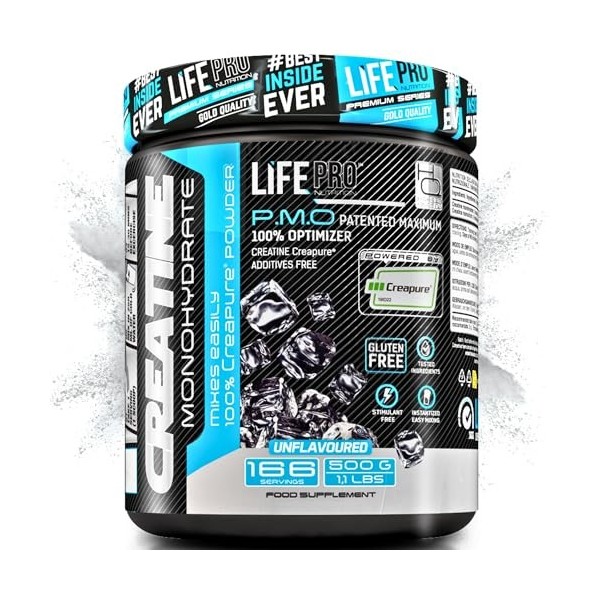 Life Pro Creatine Creapure® 500 G Sans Arôme – Creatine Monohydrate Creapure de Haute Pureté 99,9% – Fabriquée en Allemagne –...