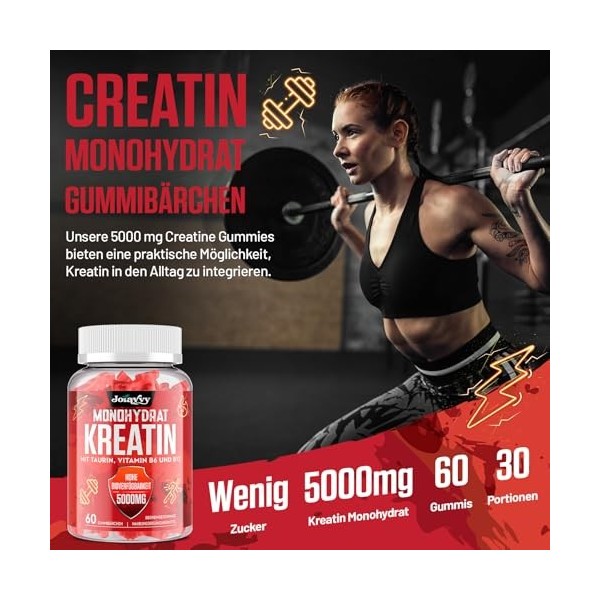 Joiavvy Créatine Monohydrate 5000 mg par Portion, Gummies pour Hommes et Femmes, avec Taurine, Vitamines B6 et B12, Végan, Go...