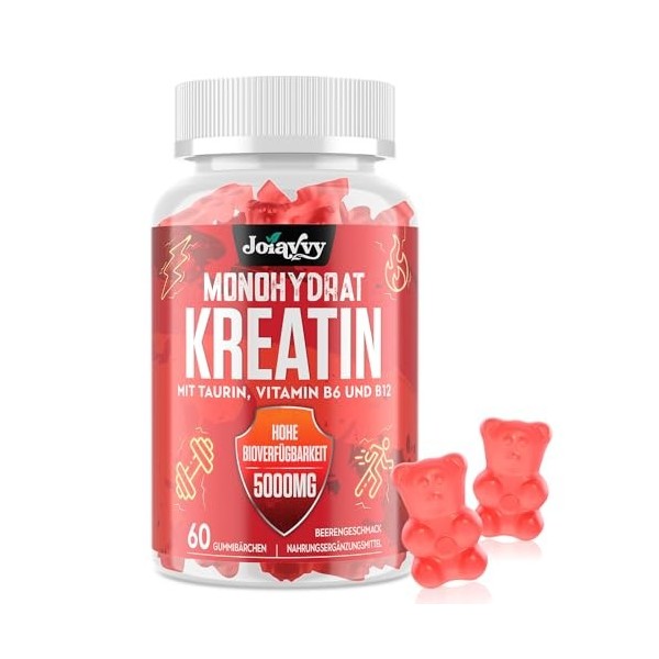 Joiavvy Créatine Monohydrate 5000 mg par Portion, Gummies pour Hommes et Femmes, avec Taurine, Vitamines B6 et B12, Végan, Go...