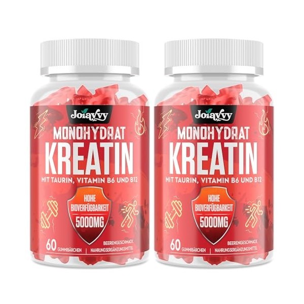 Joiavvy Créatine Monohydrate 5000 mg par Portion, Gummies pour Hommes et Femmes, avec Taurine, Vitamines B6 et B12, Végan, Go...