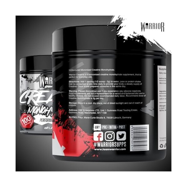 Créatine en poudre monohydrate Warrior 300 g - Nutrition micronisée - Améliore la performance physique et la récupération - P