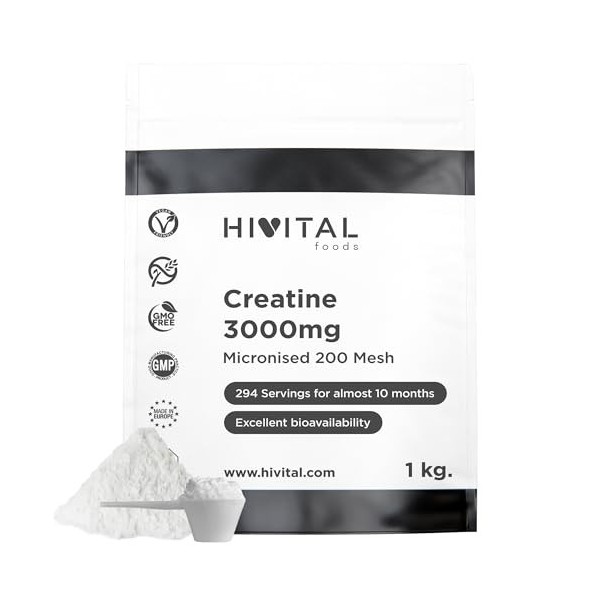 Créatine 3000 mg. 1 Kg / 1000 g. 294 portions pour presque 10 mois de traitement. Poudre de Créatine Monohydrate 100% pure, v