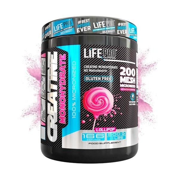 Créatine monohydrate Life Pro 200 mesh micronisée 500 g, poudre de créatine micronisée dune pureté de 99,9%, augmente lendu