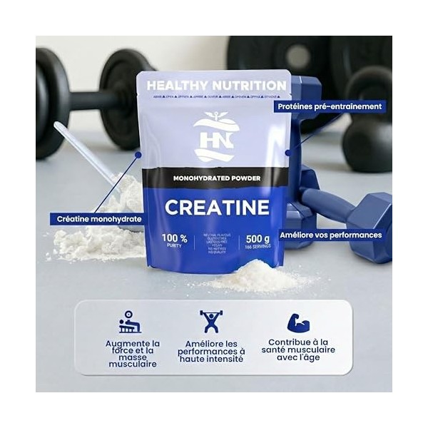 HN - Creatine Monohydrate Micronisée 500 g 166 Portions – Creatine Poudre Pure pour laugmentation de la masse musculaire, Cr...