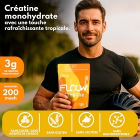 FLOOW – Creatine Monohydrate en Poudre Saveur Tropicale – 306 g 90 Doses – Créatine Pure sans Sucre ni Maltodextrine – Créa