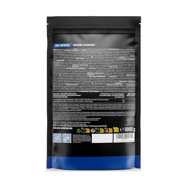 Creatine Monohydrate Poudre - 1 kg - Créatine Monohydrate avec Inuline - EXTRAPURE® - Vegan - Produit en Allemagne