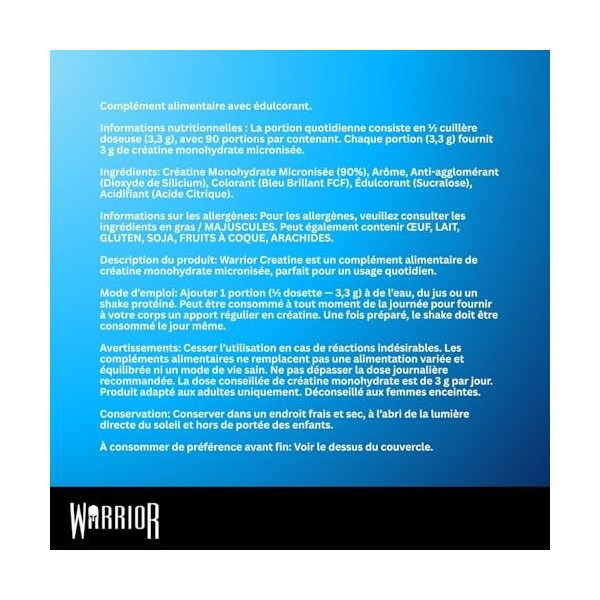 Warrior Créatine Monohydrate Poudre Micronisée – Supplément Sportif pour Musculation, Force et Récupération – 300 g, Portion ...