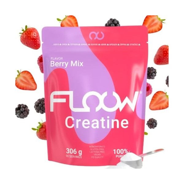 FLOOW – Creatine Monohydrate en Poudre Saveur Berry Mix – 306 g 90 Doses – Créatine Pure sans Sucre ni Maltodextrine – Créa
