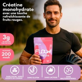 FLOOW – Creatine Monohydrate en Poudre Saveur Berry Mix – 306 g 90 Doses – Créatine Pure sans Sucre ni Maltodextrine – Créa