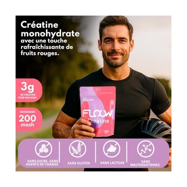 FLOOW – Creatine Monohydrate en Poudre Saveur Berry Mix – 306 g 90 Doses – Créatine Pure sans Sucre ni Maltodextrine – Créa