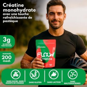 FLOOW – Creatine Monohydrate en Poudre Saveur Pastèque – 306 g 90 Doses – Créatine Pure sans Sucre ni Maltodextrine – Créat