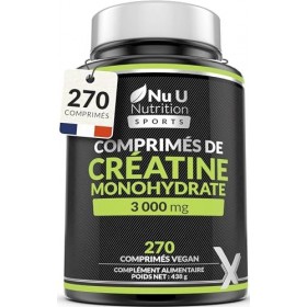 Créatine Monohydrate 3000mg - 270 Comprimés Véganes - Cure de 3 Mois - Complément dÉnergie de préparation à l’Entraînement p