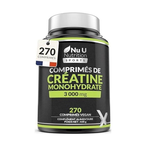 Créatine Monohydrate 3000mg - 270 Comprimés Véganes - Cure de 3 Mois - Complément dÉnergie de préparation à l’Entraînement p