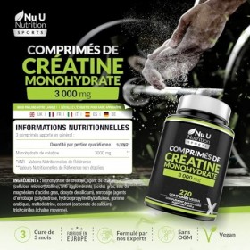 Créatine Monohydrate 3000mg - 270 Comprimés Véganes - Cure de 3 Mois - Complément dÉnergie de préparation à l’Entraînement p