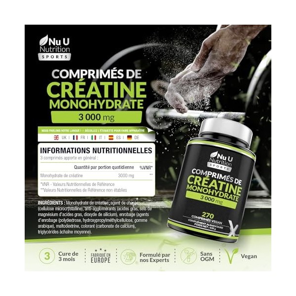 Créatine Monohydrate 3000mg - 270 Comprimés Véganes - Cure de 3 Mois - Complément dÉnergie de préparation à l’Entraînement p