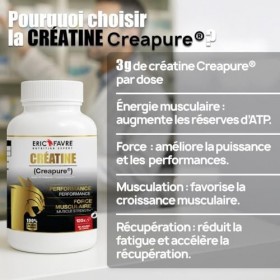 CRÉATINE MONOHYDRATE CREAPURE® - 120 Gélules Végétales - 100% Pure & Hautement Assimilable - Puissance, Explosivité & Perform