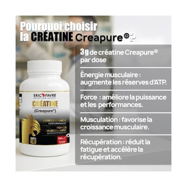CRÉATINE MONOHYDRATE CREAPURE® - 120 Gélules Végétales - 100% Pure & Hautement Assimilable - Puissance, Explosivité & Perform