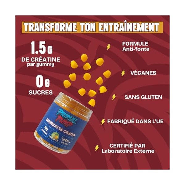 Primal Pump Gommes de Créatine Monohydratée 4,5g - Créatine en Gommes pour Performance et Puissance - Sans Sucre, Véganes et 