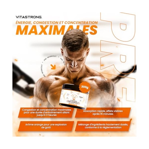 Pre Workout Sans Caféine 300g Vegan, Preworkout Booster Puissant, Vitamine B12, L Citrulline, Beta Alanine, enXtra Galanga, T