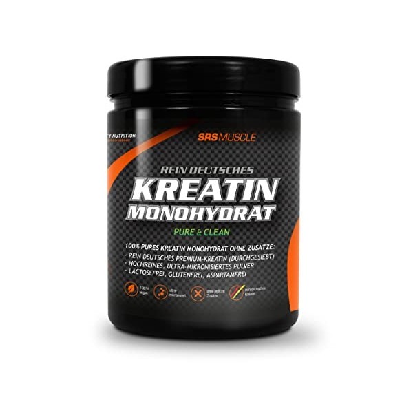 SRS Muscle Créatine monohydratée, 500 g, neutre, 100 % pure, créatine pure allemande de qualité supérieure tamisée , 100 % v