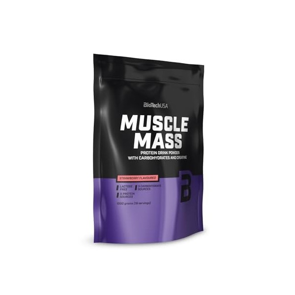 BioTechUSA Muscle Mass | Protéines et glucides en poudre | avec créatine et peptides de glutamine | Gainer | Sans lactose | C