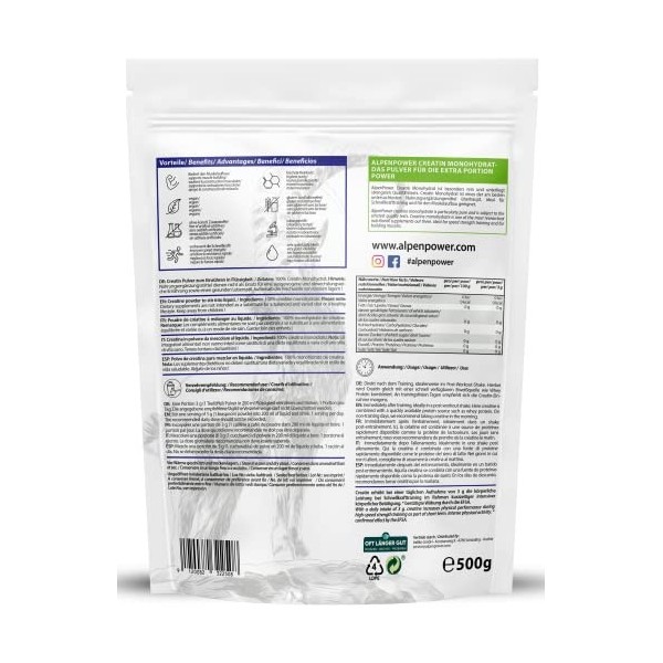 AlpenPower Créatine Monohydrate Poudre 500g - Créatine Monohydrate pure sans additifs - Qualité contrôlée 100% Vegan - Excell