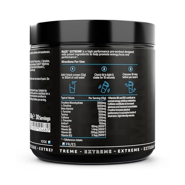 Raze Extreme Pre Workout Powder | Framboise Bleue | Créatine, Caféine & Beta Alanine | Boisson énergétique | THE PROTEIN WORK...