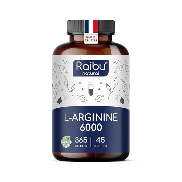 L-Arginine - 365 Gélules Végétaliennes - 6000 mg de L Arginine HCL Pure dont 4976 mg Pure par Dose Journalière - Supplément