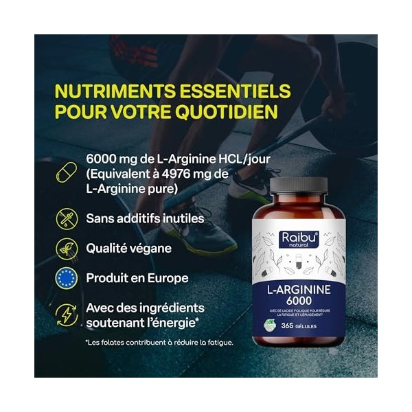 L-Arginine - 365 Gélules Végétaliennes - 6000 mg de L Arginine HCL Pure dont 4976 mg Pure par Dose Journalière - Supplément