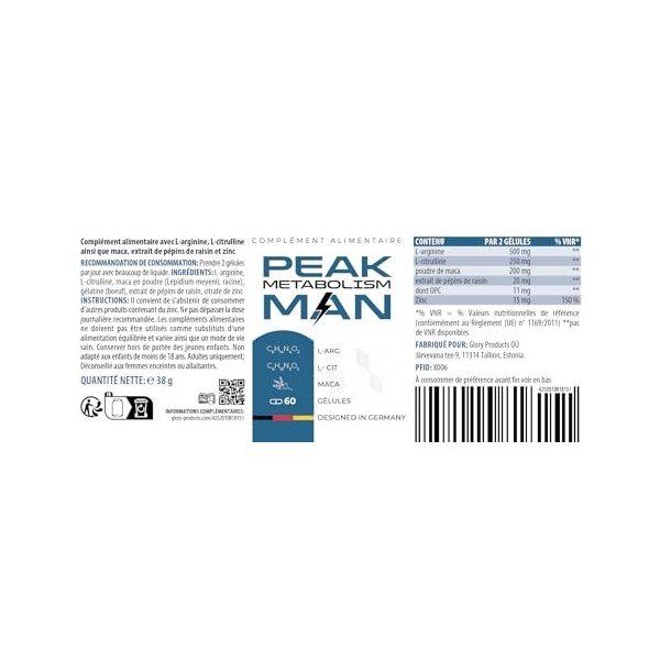 PEAK Metabolism MAN Capsules - amour, désir et passion - utilisation facile - 60 capsules contenu